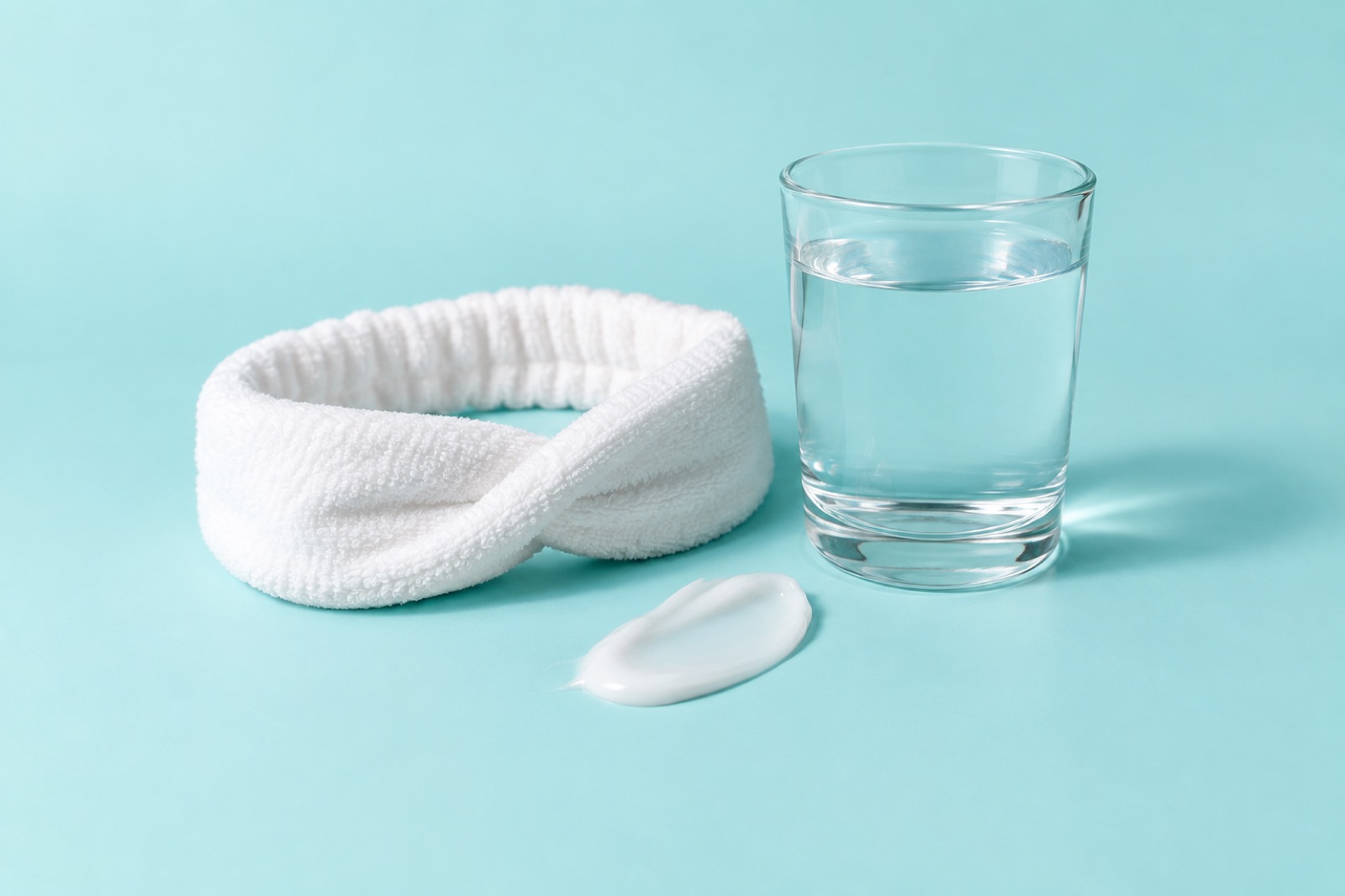 하늘색 바탕에 놓인 흰 타월 헤어밴드와 물이 담긴 유리컵, 그 앞에 짧게 덜어 낸 흰 크림