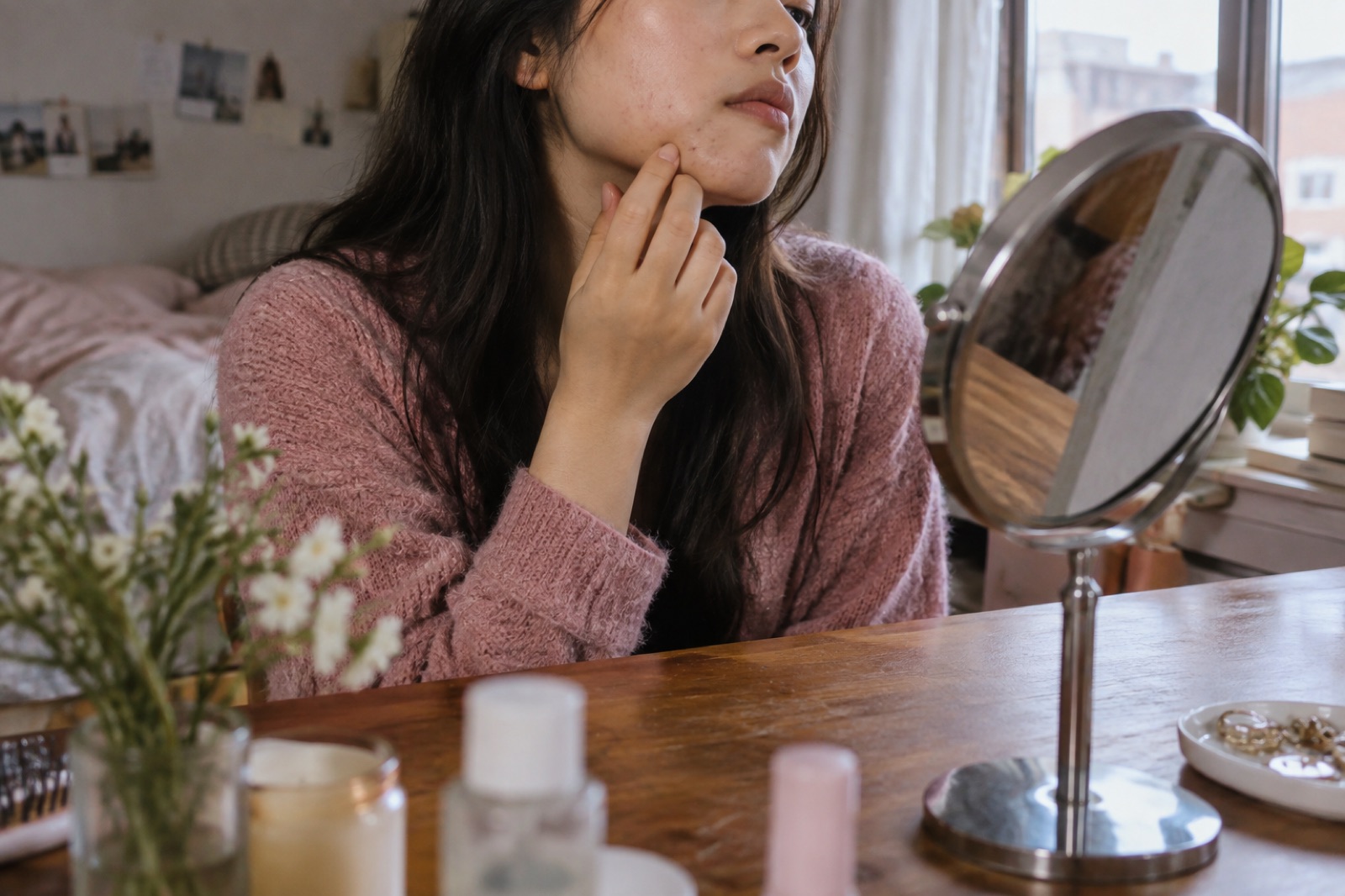 A long-haired woman at a desk by the window, touching her cheek near her jaw with her fingertips in front of a round tabletop mirror