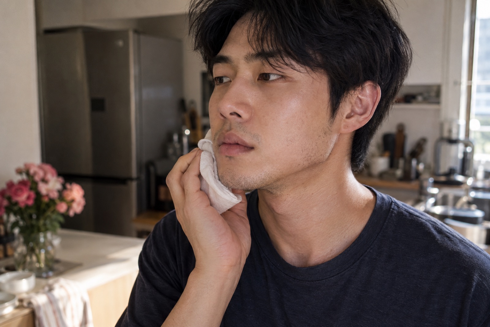 주방에서 접은 흰 천을 턱 옆에 대고 창밖을 바라보는 검은 티셔츠 차림의 남성