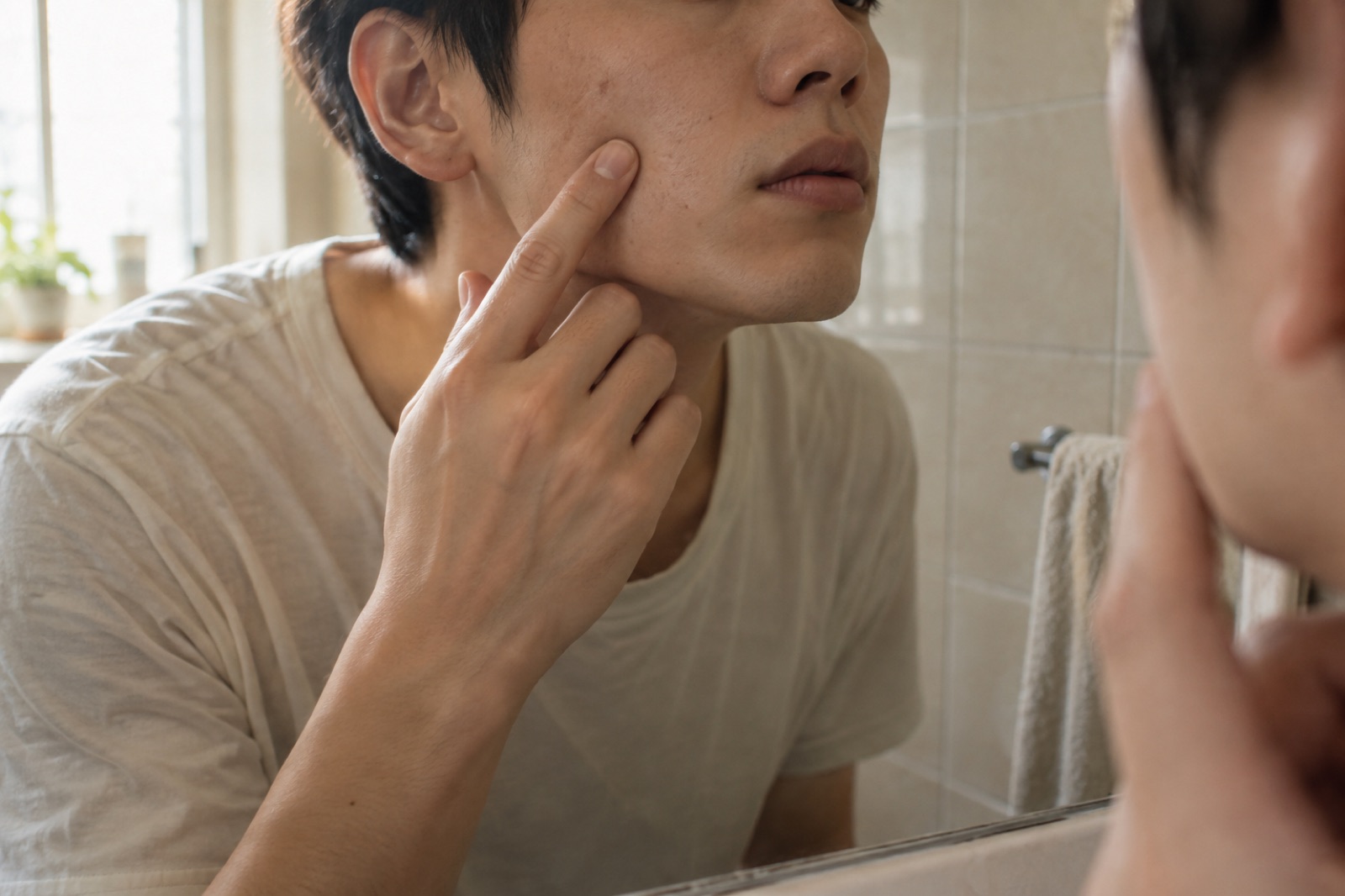 욕실 거울에 비친 흰 티셔츠 차림 남성이 검지로 귀 앞 뺨을 짚으며 피부를 들여다보는 모습