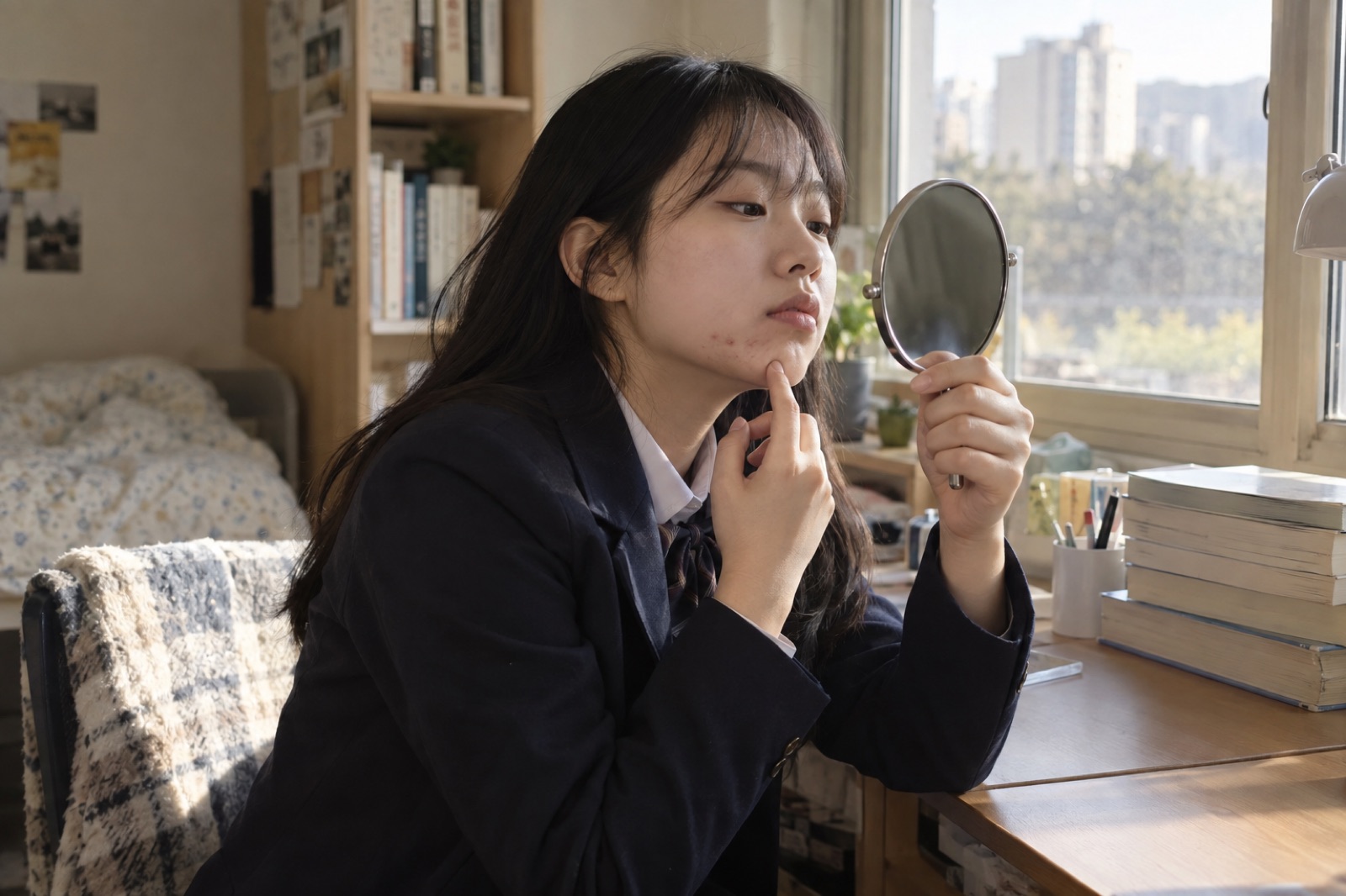 남색 교복 재킷을 입은 여학생이 창가 책상에서 둥근 손거울을 들고 손끝으로 턱 옆을 짚어 보는 모습