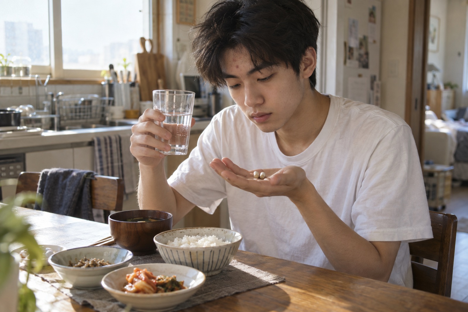 흰 티셔츠 차림 청년이 밥·국·김치가 놓인 식탁 앞에서 한 손엔 물컵을 들고 다른 손바닥에 캡슐 두 알을 올려 둔 모습