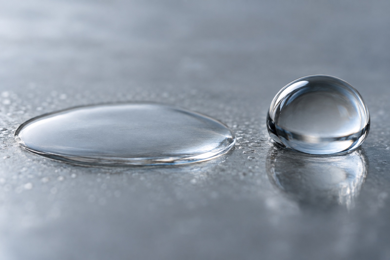 A thin, flat puddle of clear liquid on a gray surface, with a single rounded droplet standing to its right