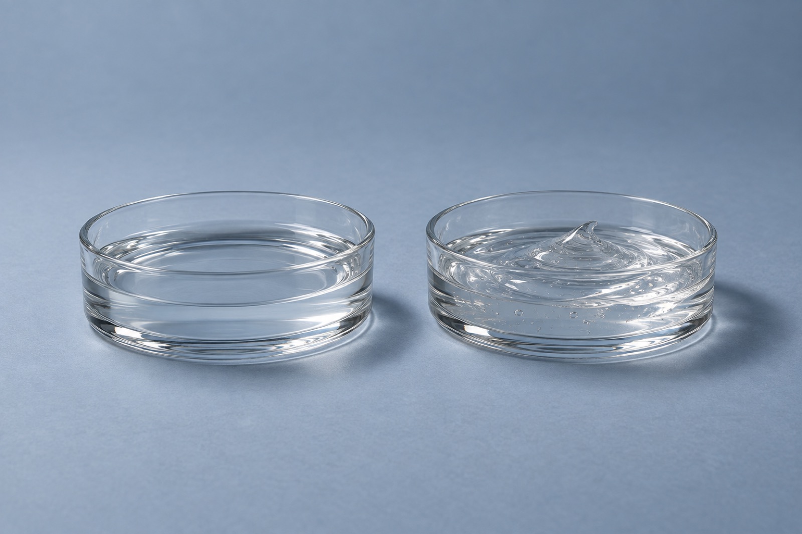 Two glass dishes on a pale blue background, a thin liquid in the left one and a mounded clear gel in the right