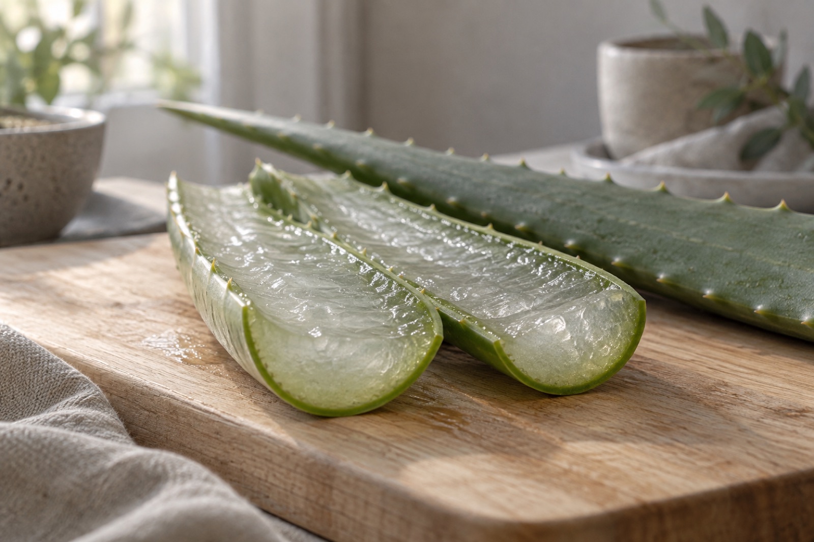 밝은 창가 나무 도마 위에 길게 반 갈라 젤이 드러난 알로에 잎 두 쪽과 가시 달린 통잎