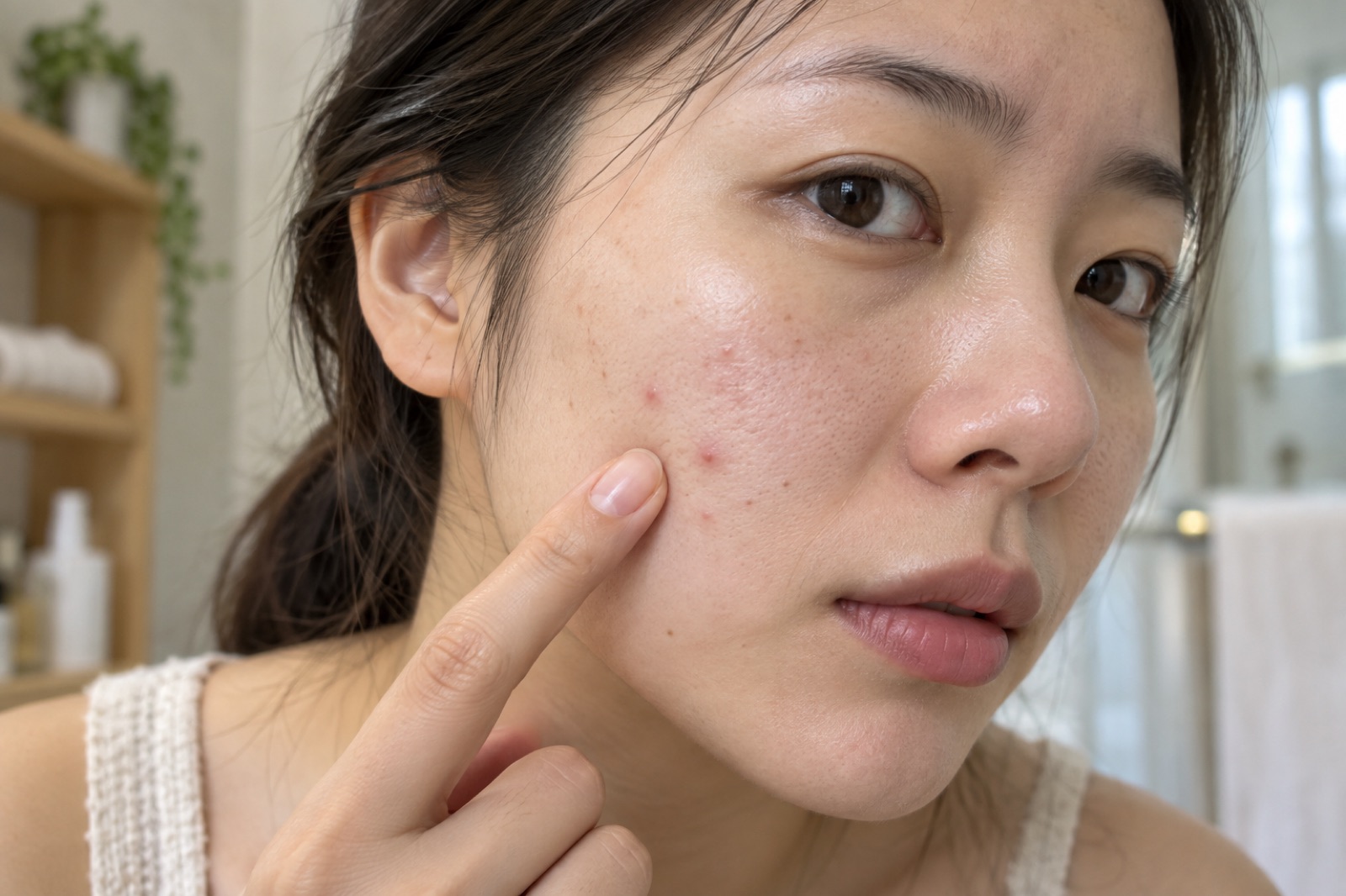 머리를 뒤로 묶은 여성이 검지로 귀 가까운 뺨을 가리키고, 그 옆에 작은 붉은 돌기 두세 개가 보이는 얼굴 클로즈업