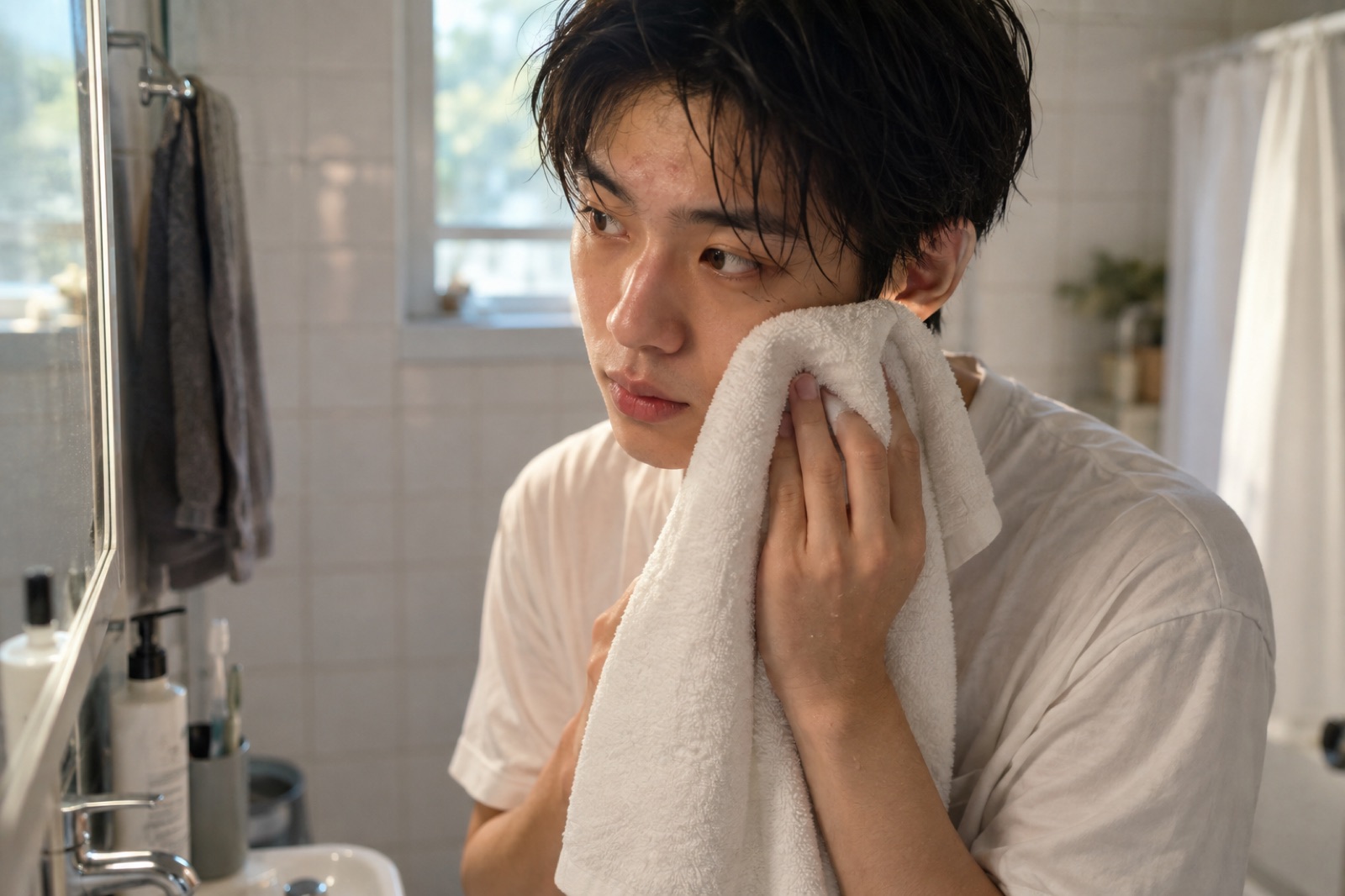 젖은 앞머리의 흰 티셔츠 차림 청년이 욕실에서 흰 수건을 두 손으로 뺨에 대고 있는 모습