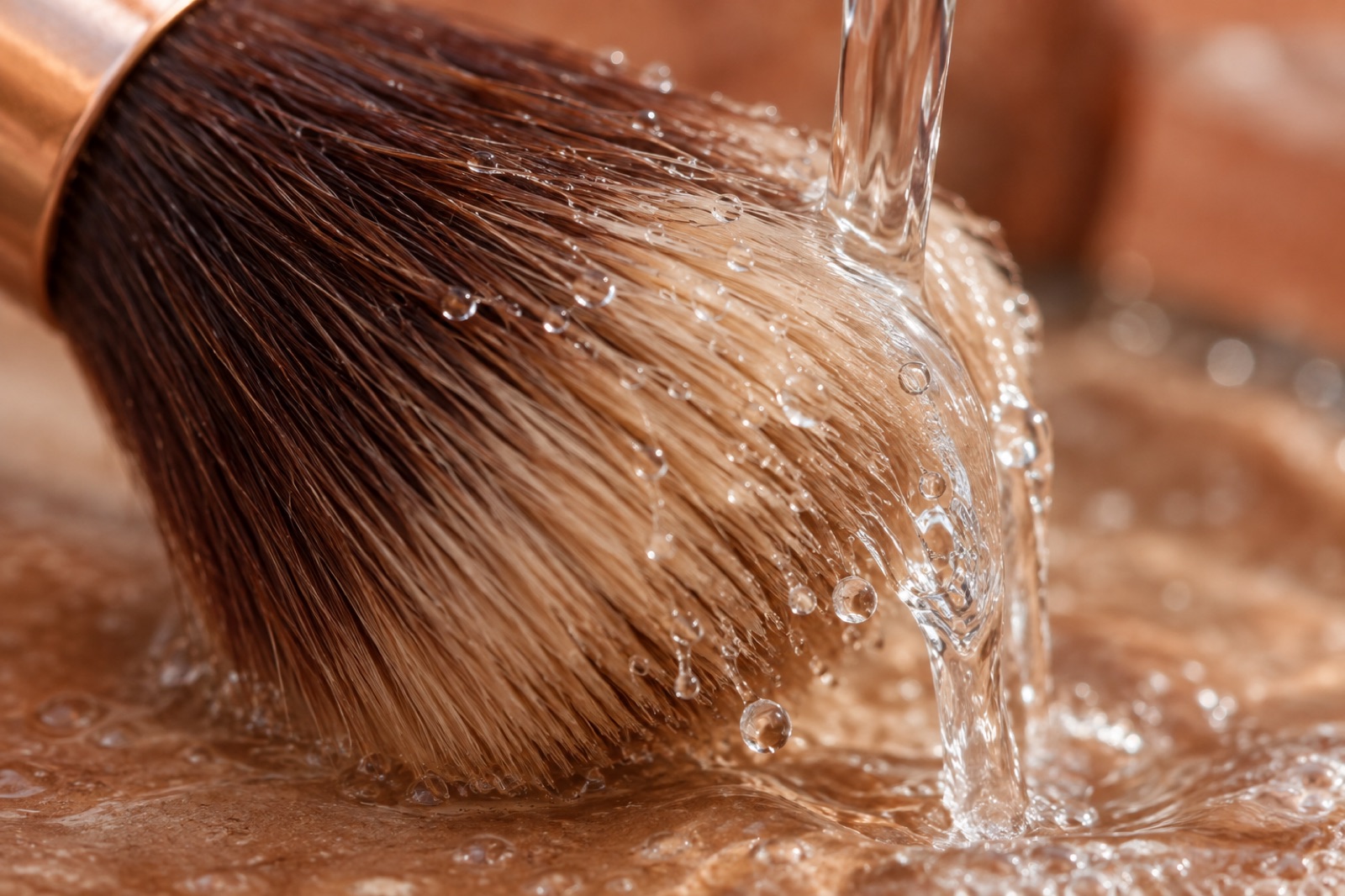 2色の毛がたっぷりしたメイクブラシに水道の水が落ち、しずくがついている様子をごく近くから撮ったところ