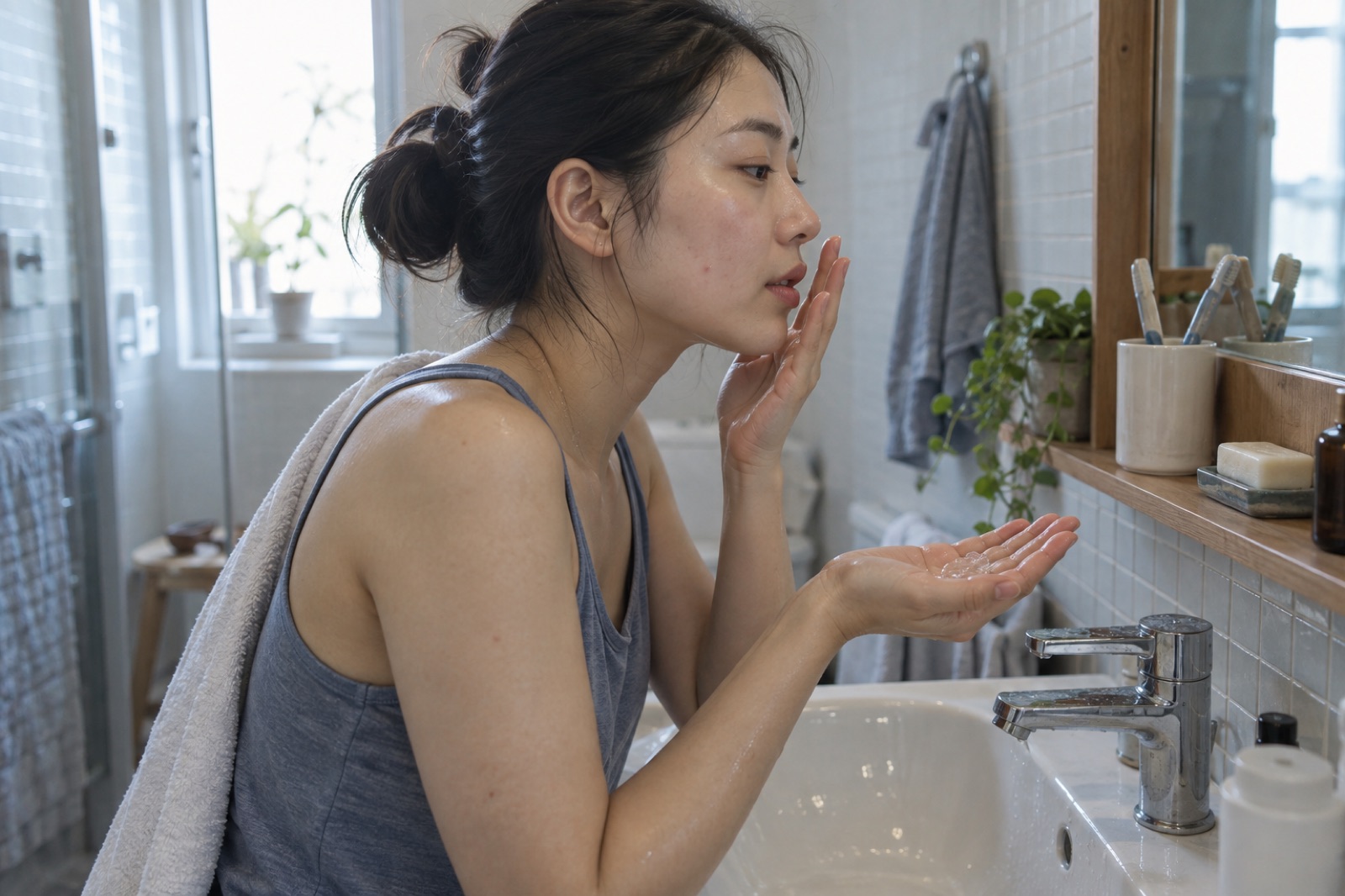 Side view of a woman at a bathroom sink by a window, a towel over her shoulder, touching her chin with clear gel in her palm