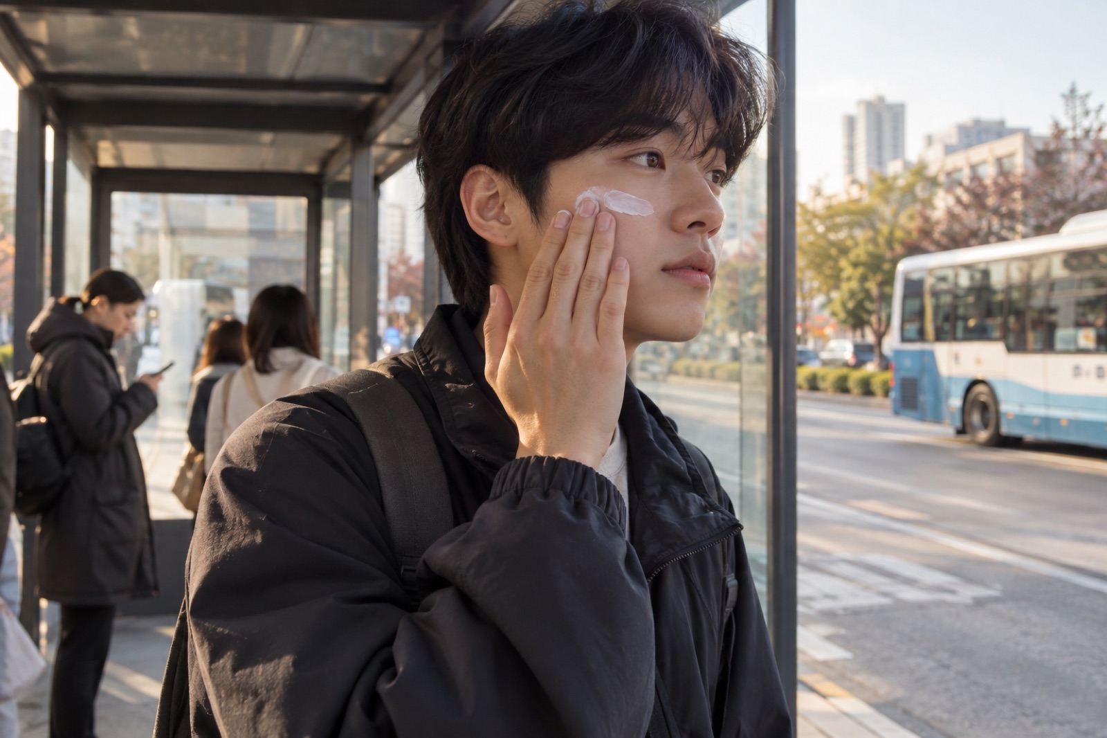 버스가 지나가는 정류장에서 검은 점퍼 차림 남성이 광대 위 흰 크림을 손가락으로 펴는 모습