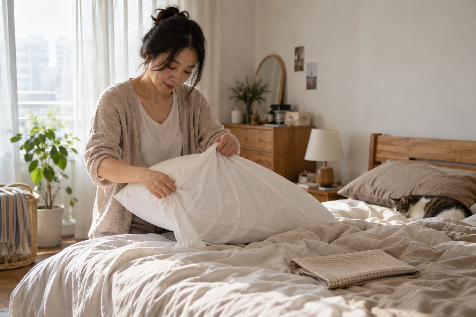 햇살 드는 침실 침대 위에서 여성이 흰 베개에 커버를 씌우고, 그 옆 이불 위에 고양이가 잠든 장면