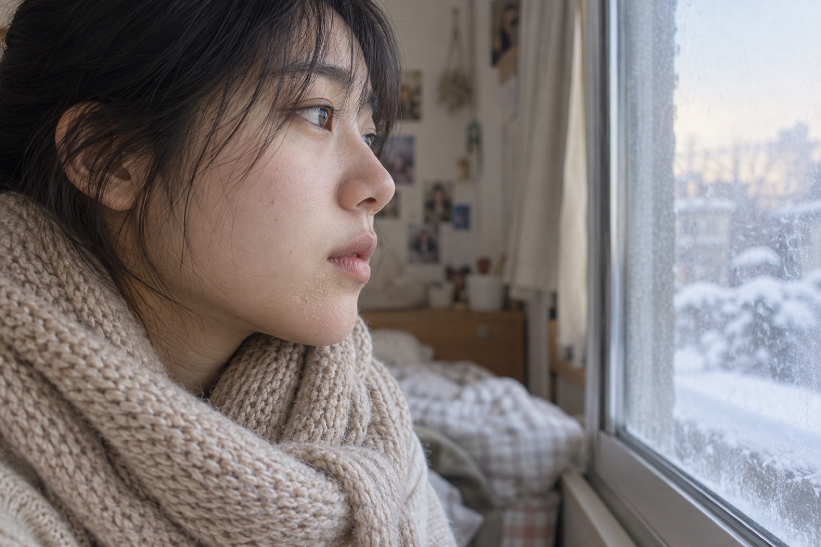 雪の積もった外が見える窓辺で、厚手のニットのマフラーを巻いた女性が窓の外を見ている横顔