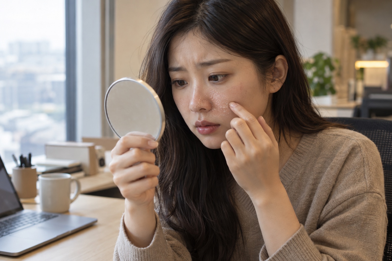 ノートパソコンとマグカップのある机で、丸い手鏡を持った女性が、白く皮むけした頬を指先で触れている
