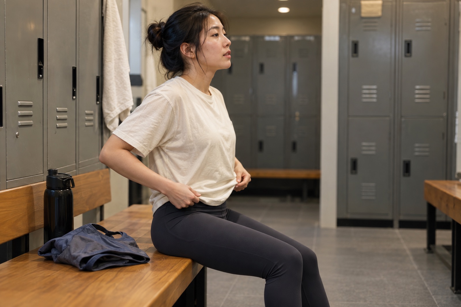 회색 사물함 앞 나무 벤치에 앉은 레깅스 차림 여성이 헐렁한 흰 티셔츠 밑단을 잡아 내리는 모습