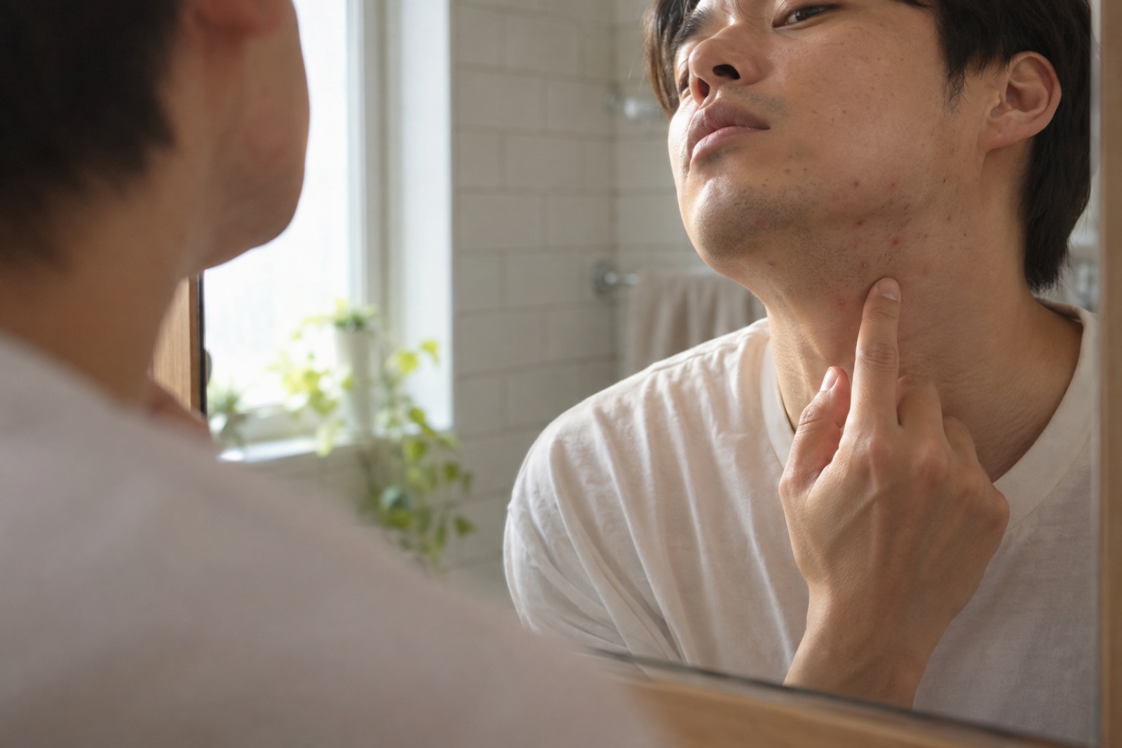 욕실 거울에 비친 흰 티셔츠 차림 남성이 고개를 들고 검지로 턱 밑을 짚는 모습, 턱선에 작은 붉은 점 몇 개