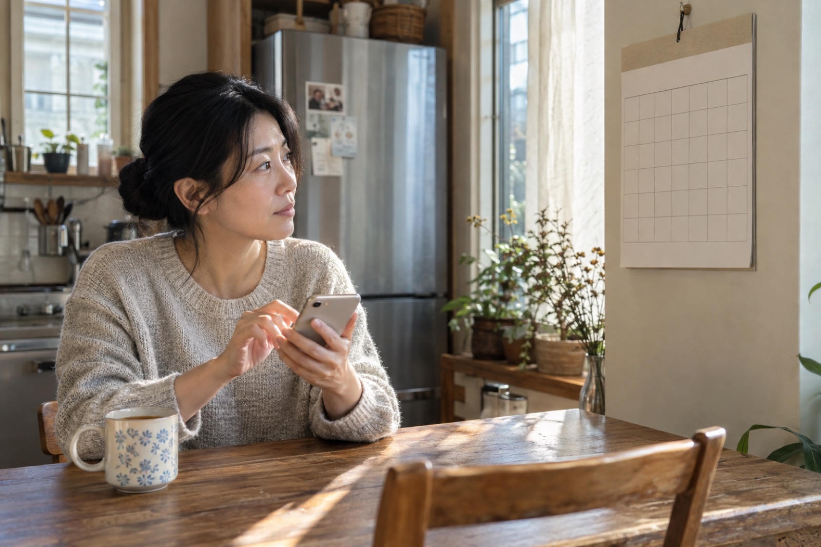 부엌 나무 식탁에서 휴대폰을 든 여성이 창가 벽에 걸린 빈 칸 달력 쪽을 바라보는 모습, 앞에 꽃무늬 머그잔