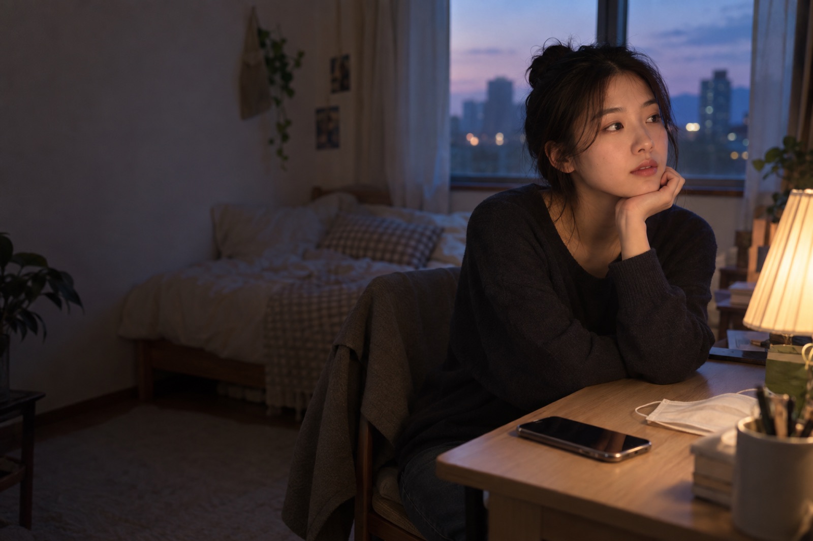 책상 앞에 앉아 턱 아래를 손으로 짚어 보는 저녁의 20대 여성