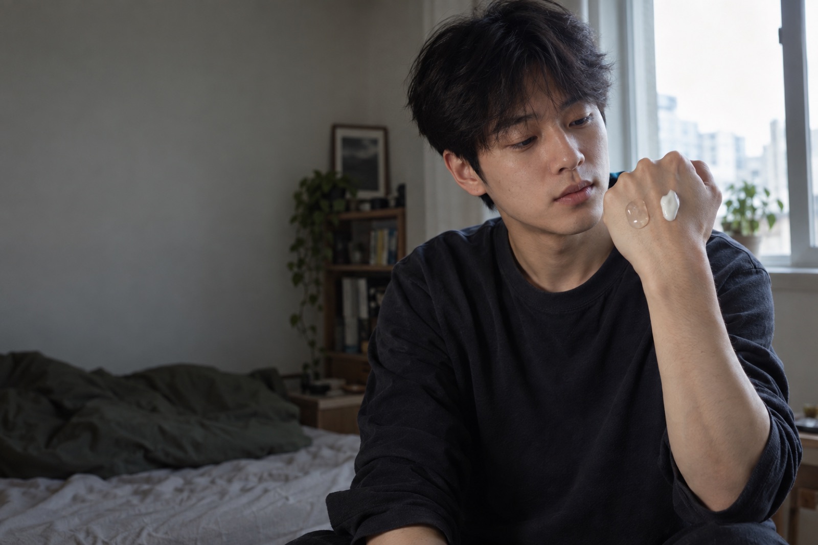 손등에 젤과 크림을 나란히 덜어 놓고 들여다보는 20대 남성