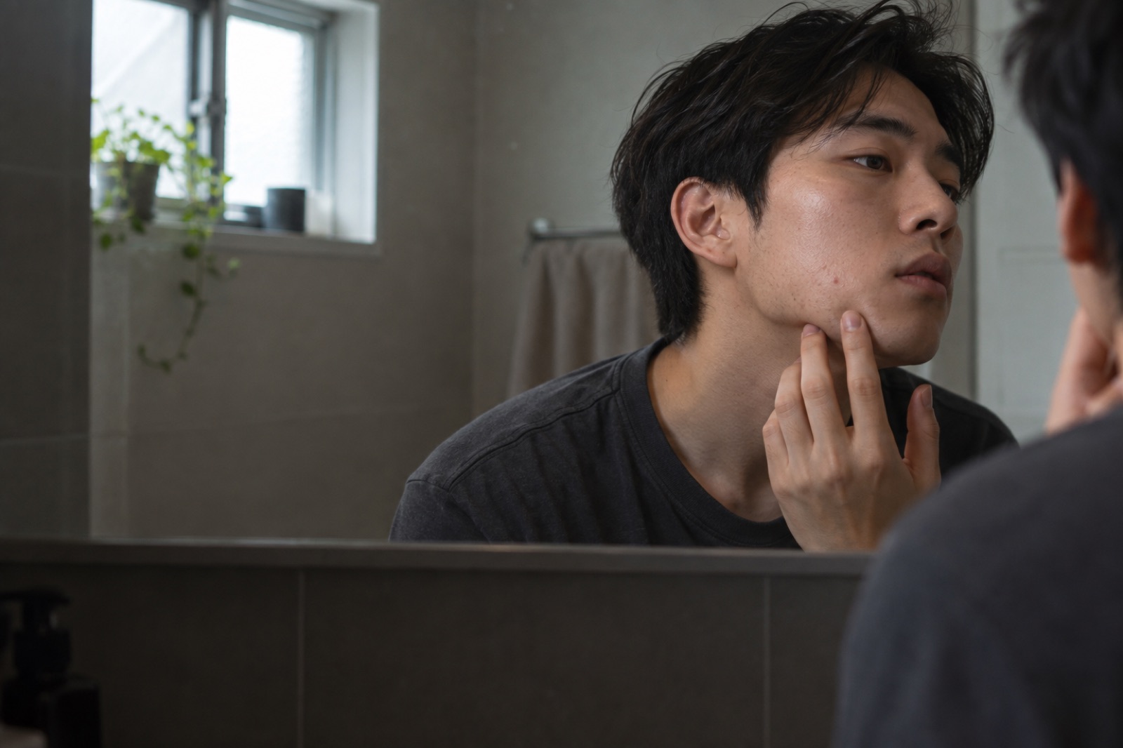 거울에 비친 20대 남성의 볼과 턱, 모공과 오돌토돌한 돌기가 보이는 모습