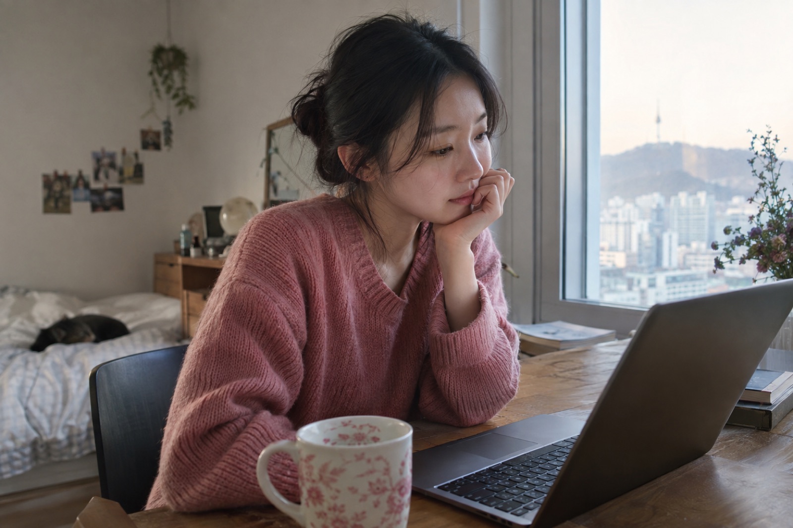 창밖으로 도심이 보이는 책상에서 노트북 화면을 보며 손등에 턱을 괸 분홍 니트 차림 여성