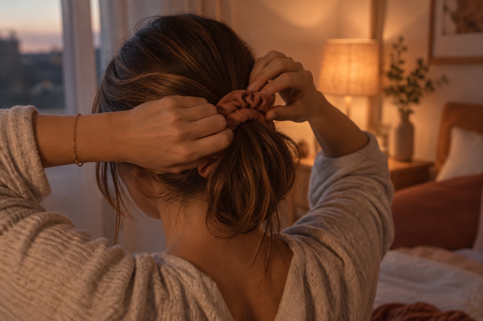 Babaeng nakatalikod na nagtatali ng buhok gamit ang terracotta na scrunchie sa kuwartong may bukas na lampara at liwanag ng papalubog na araw sa bintana