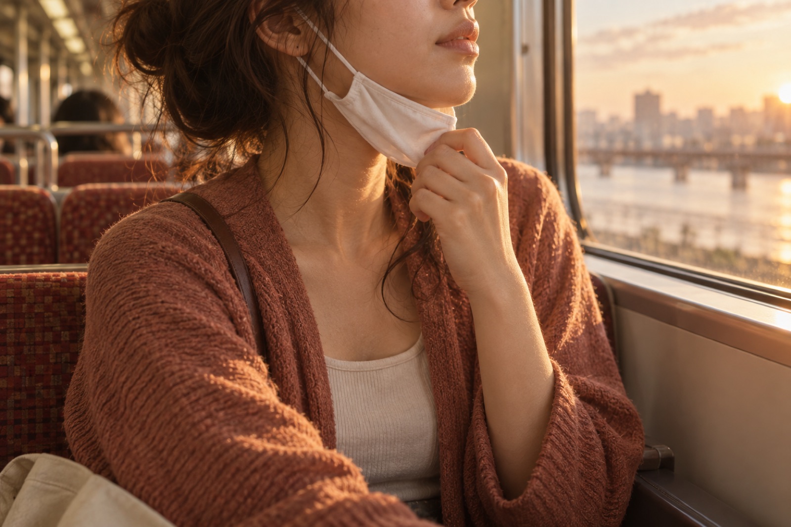 해 질 녘 강을 건너는 열차 안, 붉은 카디건 차림 여성이 손끝으로 마스크를 턱 밑까지 당겨 둔 모습