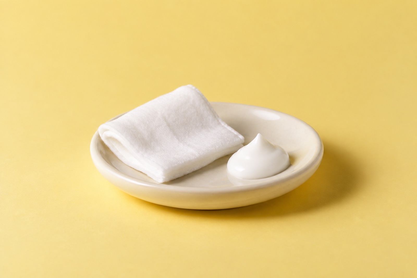 노란 바탕 위 크림색 접시에 접힌 흰 화장솜 한 장과 뾰족하게 짠 흰 로션 한 덩이가 놓인 모습