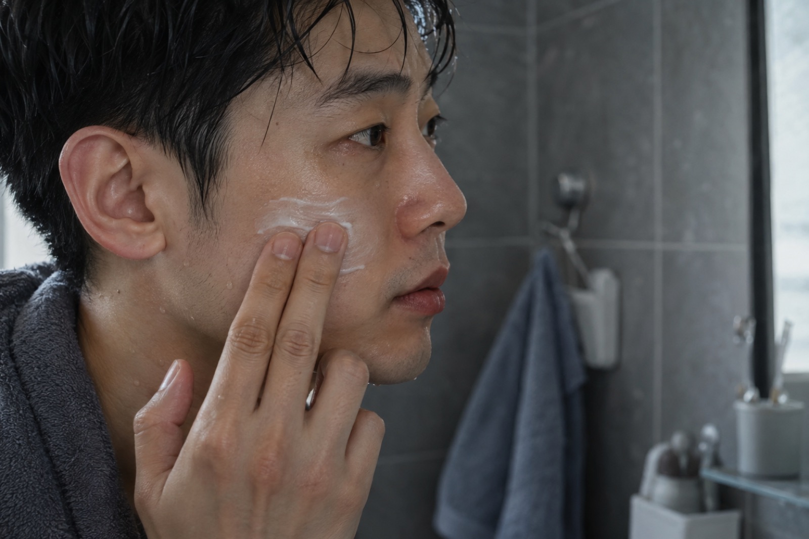 젖은 머리에 가운을 걸친 남성이 물방울이 남은 뺨에 흰 크림을 두 손가락으로 펴 바르는 옆모습
