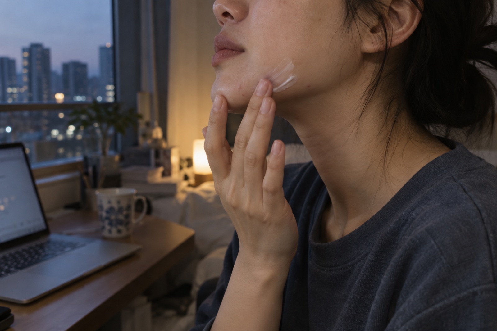 저녁 도시 불빛이 보이는 창가 책상 옆에서 여성이 턱 옆에 흰 크림을 손가락으로 펴 바르는 모습