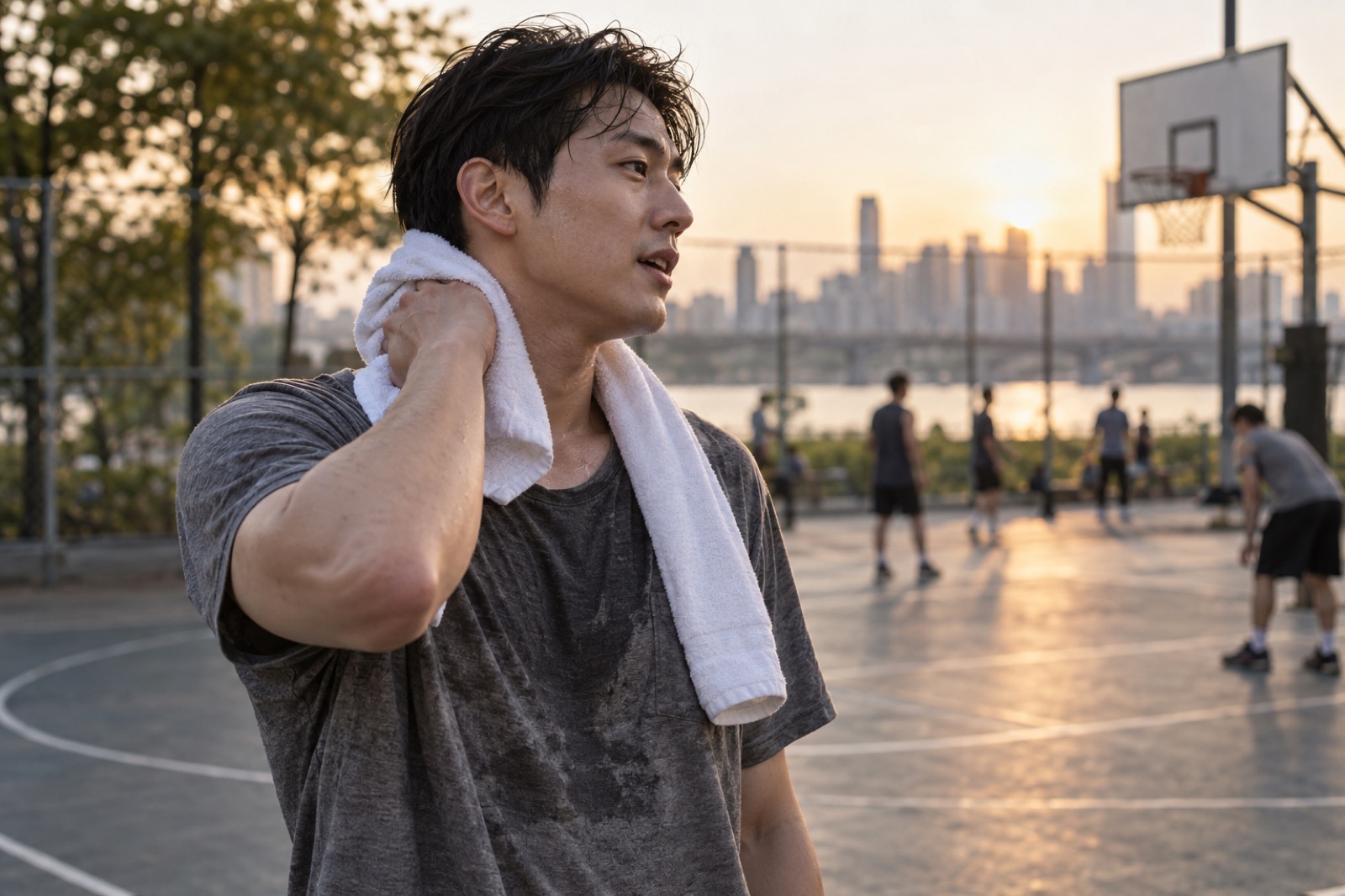 해 질 녘 강변 농구장에서 땀에 젖은 회색 티셔츠 차림 남성이 흰 수건을 목에 걸고 누르는 모습