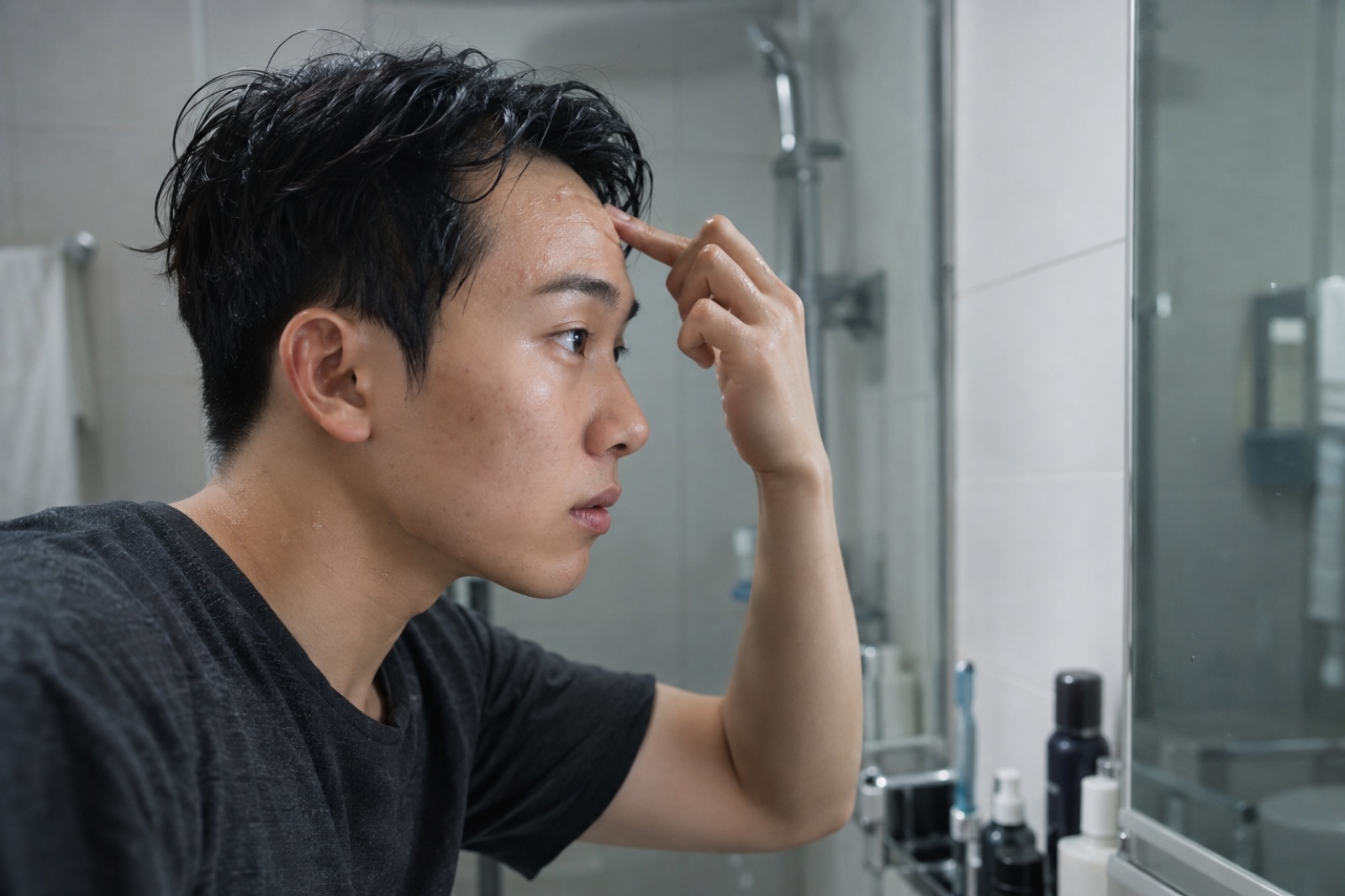 シャワーブースが見える浴室の鏡の前で、濡れた髪の男性が人さし指の先を額の生え際に当てている横顔
