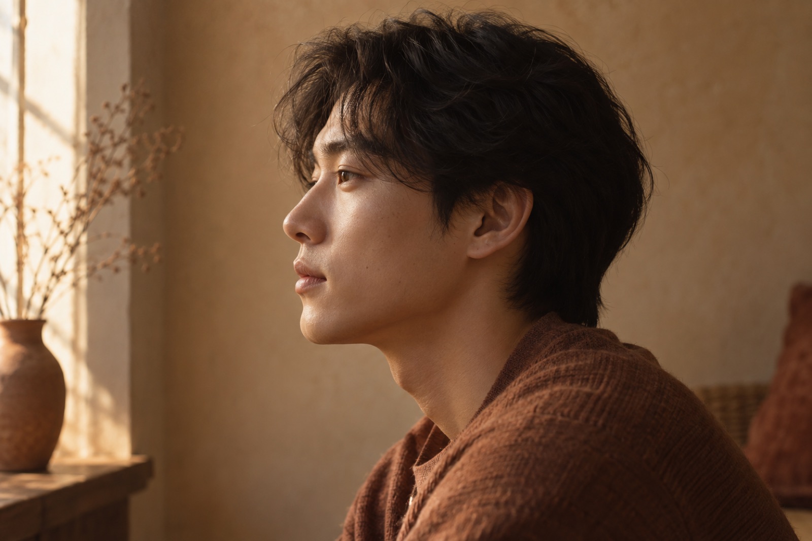 창가 햇빛이 비스듬히 드는 벽 앞, 벽돌색 니트를 입은 젊은 남성의 콧날과 턱선이 드러난 옆얼굴