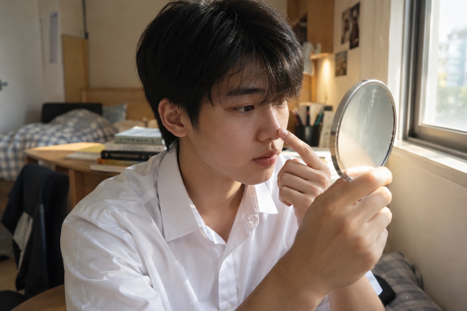 흰 셔츠 차림 남학생이 창가에 앉아 둥근 손거울을 들고 검지로 콧방울 옆을 누르며 들여다보는 모습