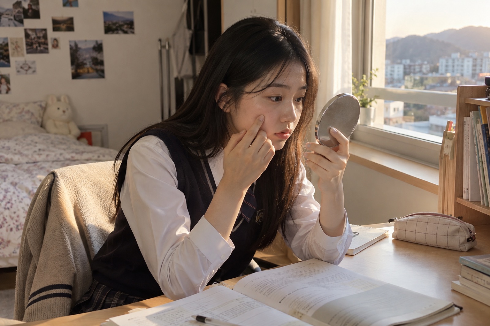 해 질 녘 교과서를 펼쳐 둔 책상에서 교복 차림 여학생이 둥근 손거울을 보며 검지로 광대 아래 뺨을 짚는 모습