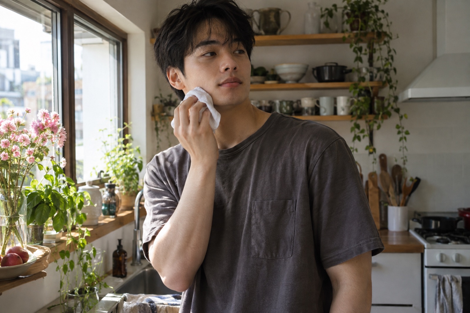 주방 창가에서 짙은 회색 티셔츠 차림 남성이 흰 손수건을 볼에 대고 옆을 바라보는 모습