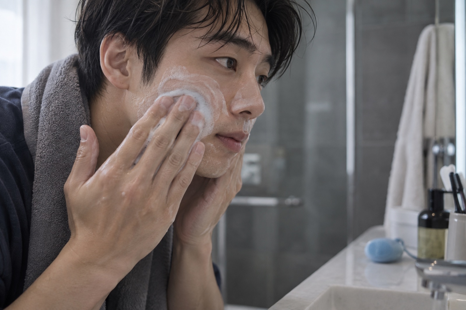 Một người đàn ông quàng khăn quanh cổ, dùng ngón tay hai bàn tay tán bọt trắng lên má trước gương phòng tắm