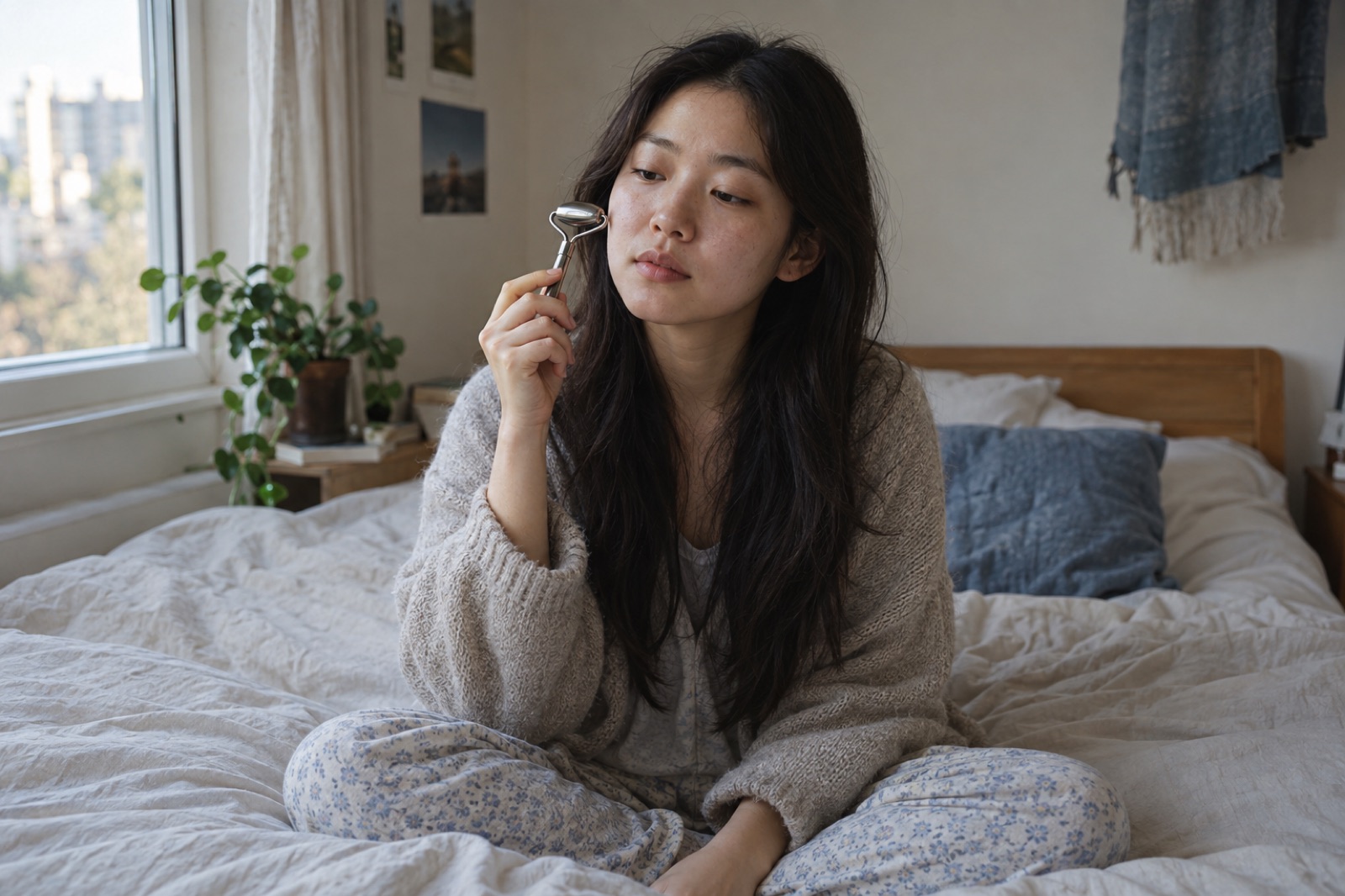 Một phụ nữ ngồi xếp bằng trên giường, cầm cây lăn mặt màu bạc sát bên má