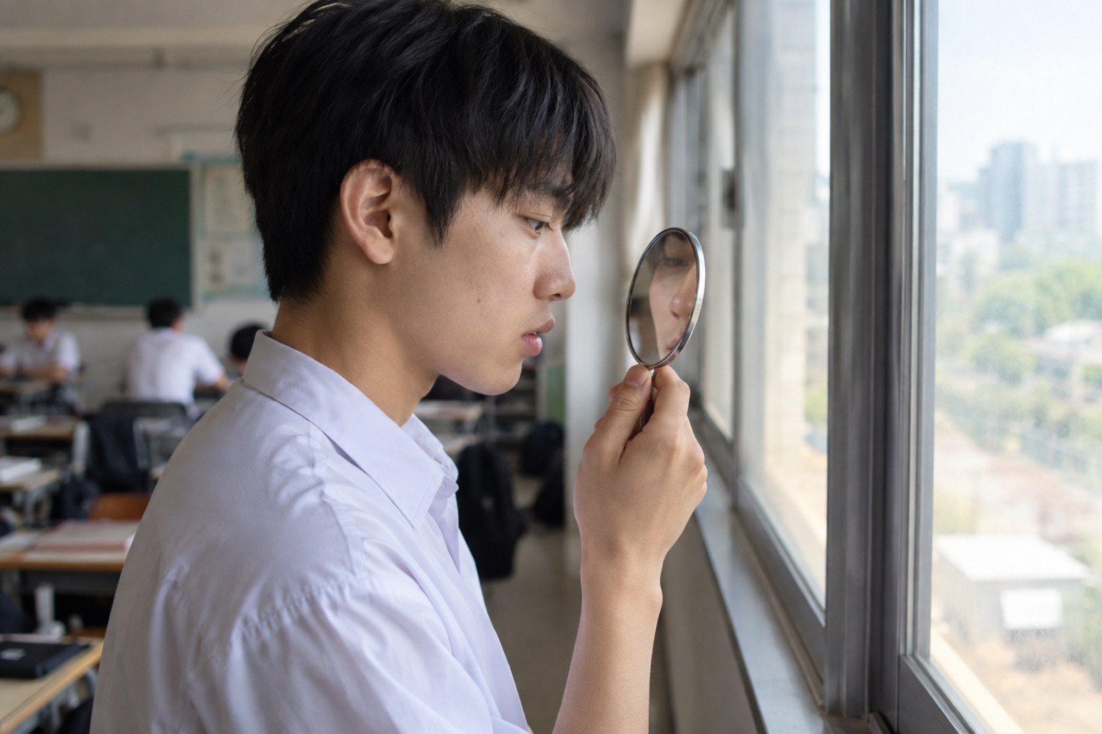 흰 반소매 셔츠 차림 학생이 교실 창문 옆에서 작은 둥근 거울을 얼굴 가까이 들고 들여다보는 옆모습