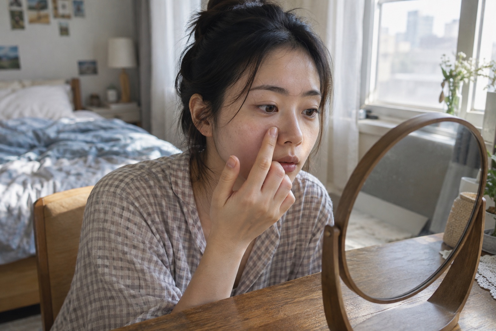 둥근 탁상 거울 앞에 앉은 여성이 검지 끝을 콧방울 옆 볼에 대고 들여다보는 모습