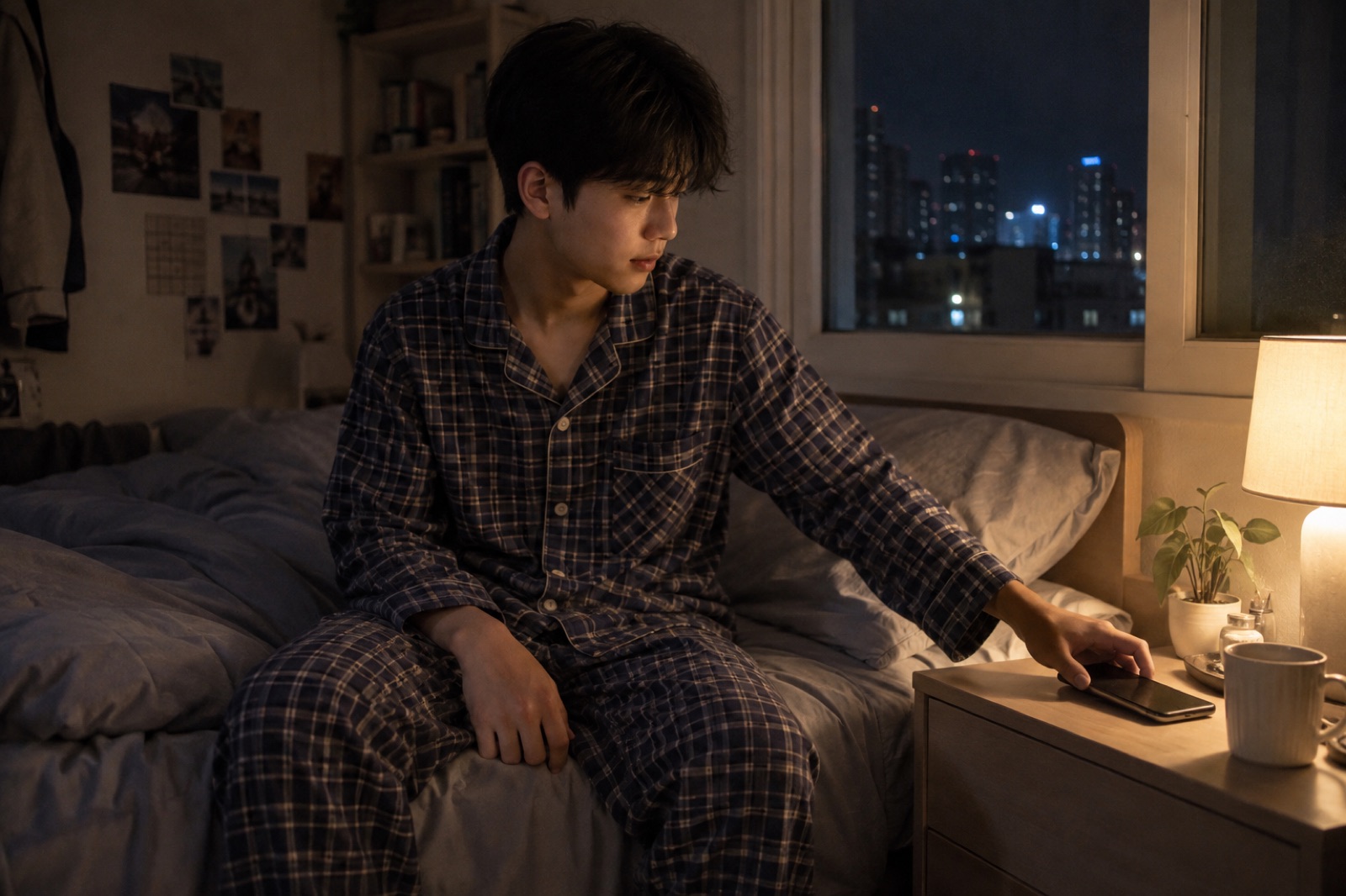 도시 야경이 보이는 방에서 체크무늬 잠옷 차림 소년이 스탠드 옆 탁자에 휴대폰을 내려놓는 모습