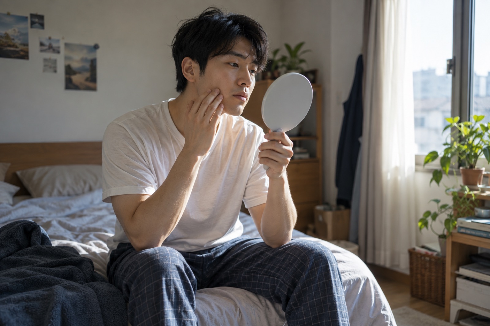 햇살 드는 침실에서 잠옷 차림 남성이 침대에 걸터앉아 손거울을 보며 한 손으로 볼을 만지는 모습