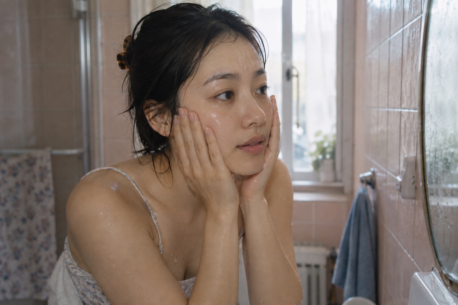 분홍 타일 욕실에서 머리를 집게로 올린 여성이 양손바닥을 젖은 뺨에 붙이고 거울을 보는 모습